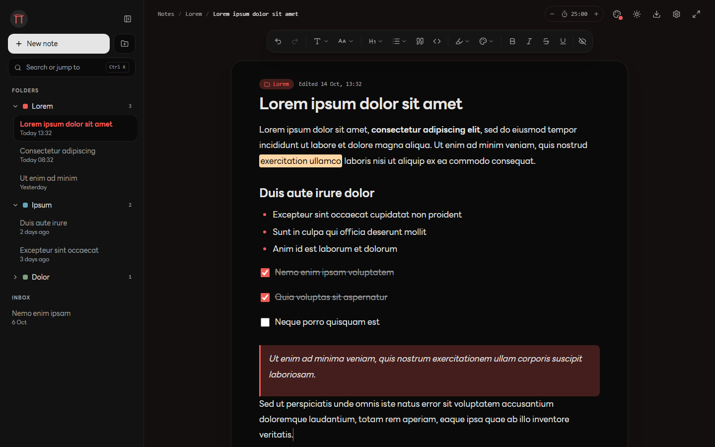 Raku in dark mode, with the formatting toolbar above a note containing headings, a bulleted list, a checklist, highlights and a quote.